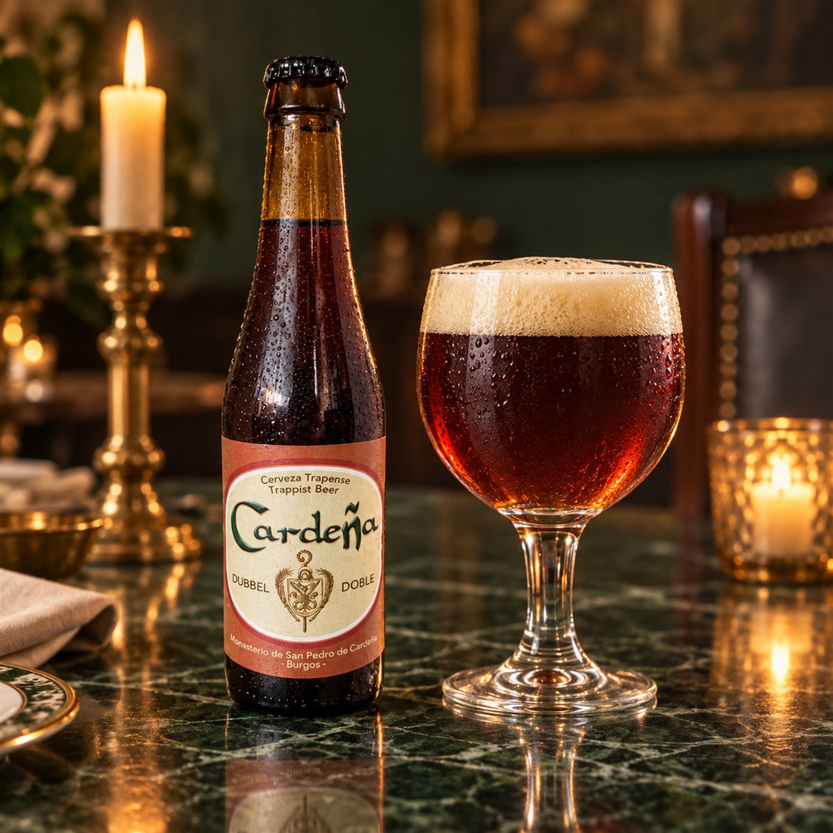 Cardeña Dubbel: bebida servida en vaso junto a su envase