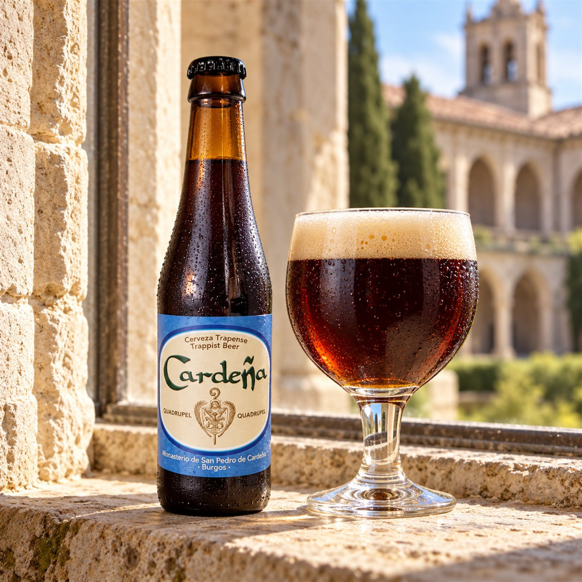 Cardeña Quadrupel: bebida servida en vaso junto a su envase