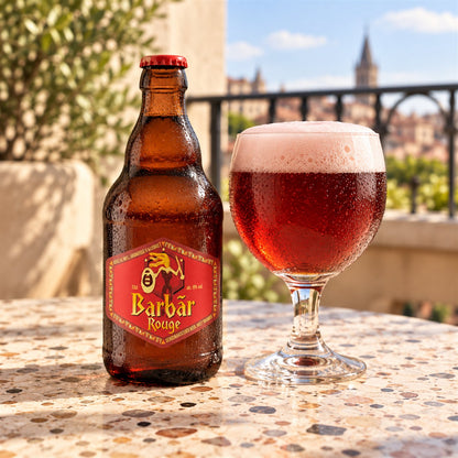 Barbar Rouge: bebida servida en vaso junto a su envase