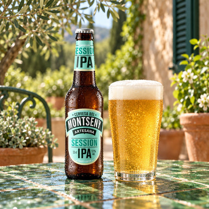 Montseny Session IPA: bebida servida en vaso junto a su envase