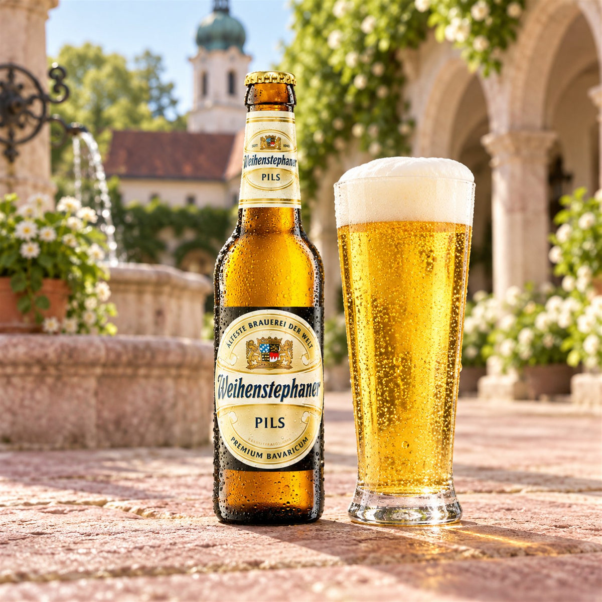 Weihenstephan Pils: bebida servida en vaso junto a su envase