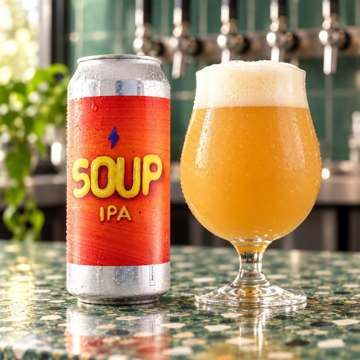 Garage Soup: bebida servida en vaso junto a su envase