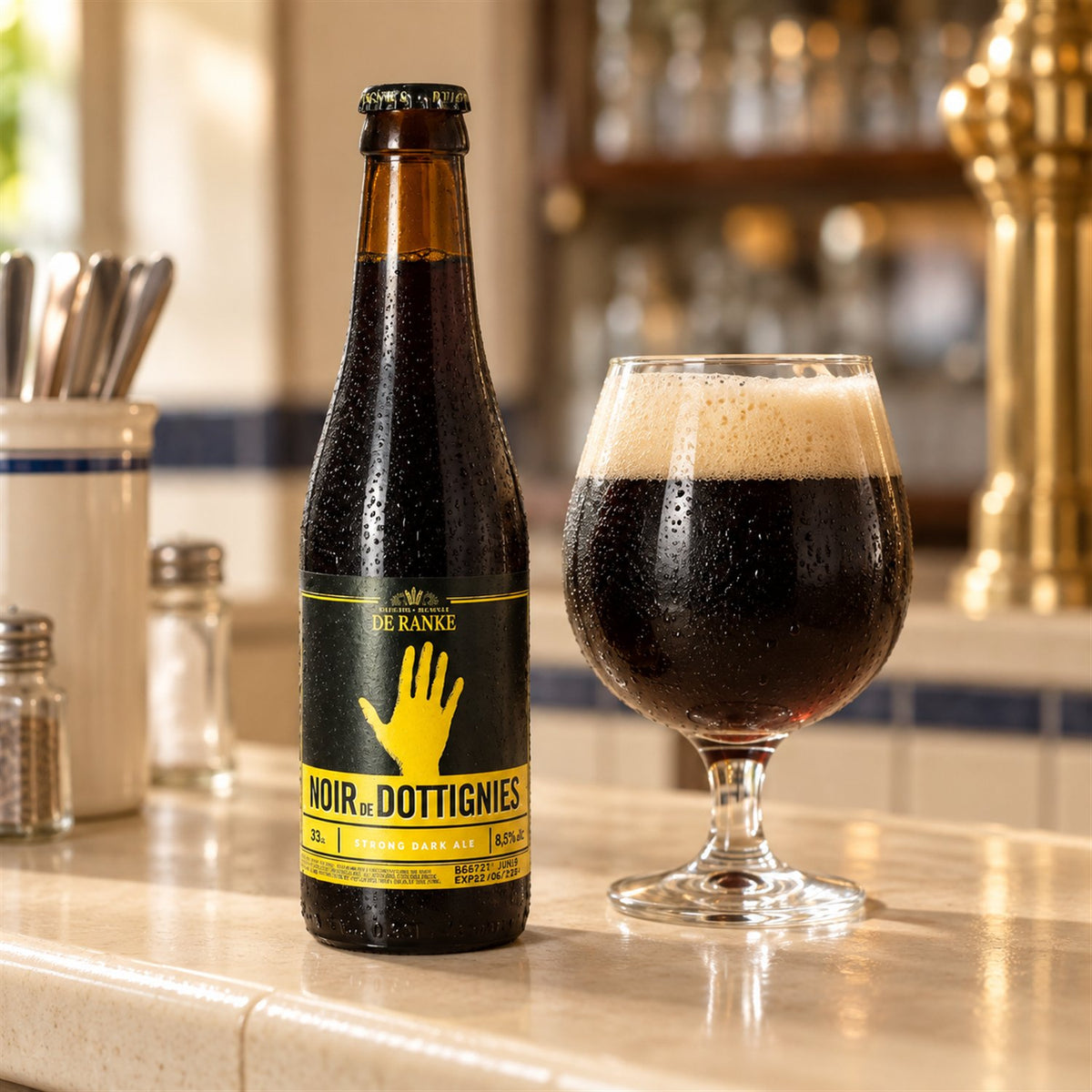 De Ranke Noir de Dottignies: bebida servida en vaso junto a su envase