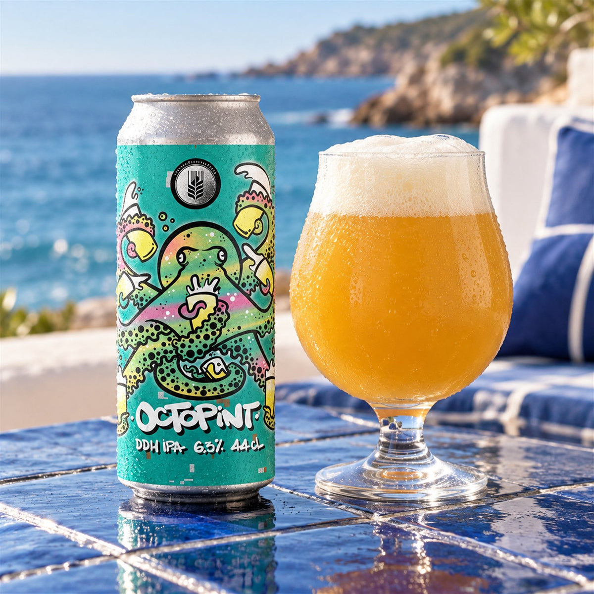 Espiga Octopint: bebida servida en vaso junto a su envase