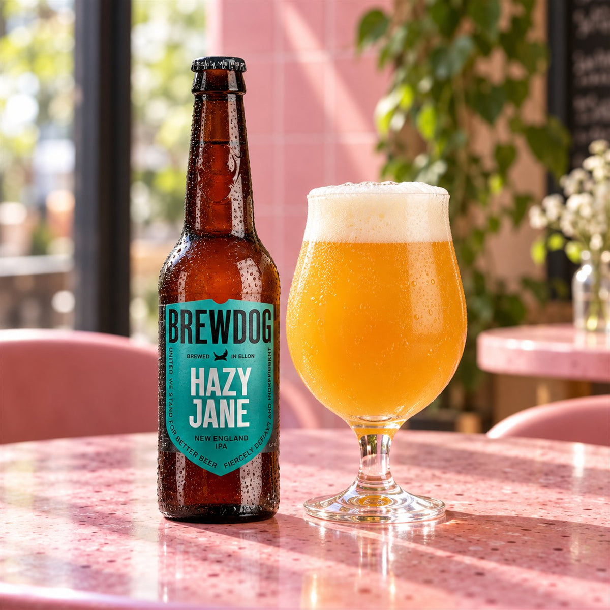 Brewdog Hazy Jane botella: bebida servida en vaso junto a su envase