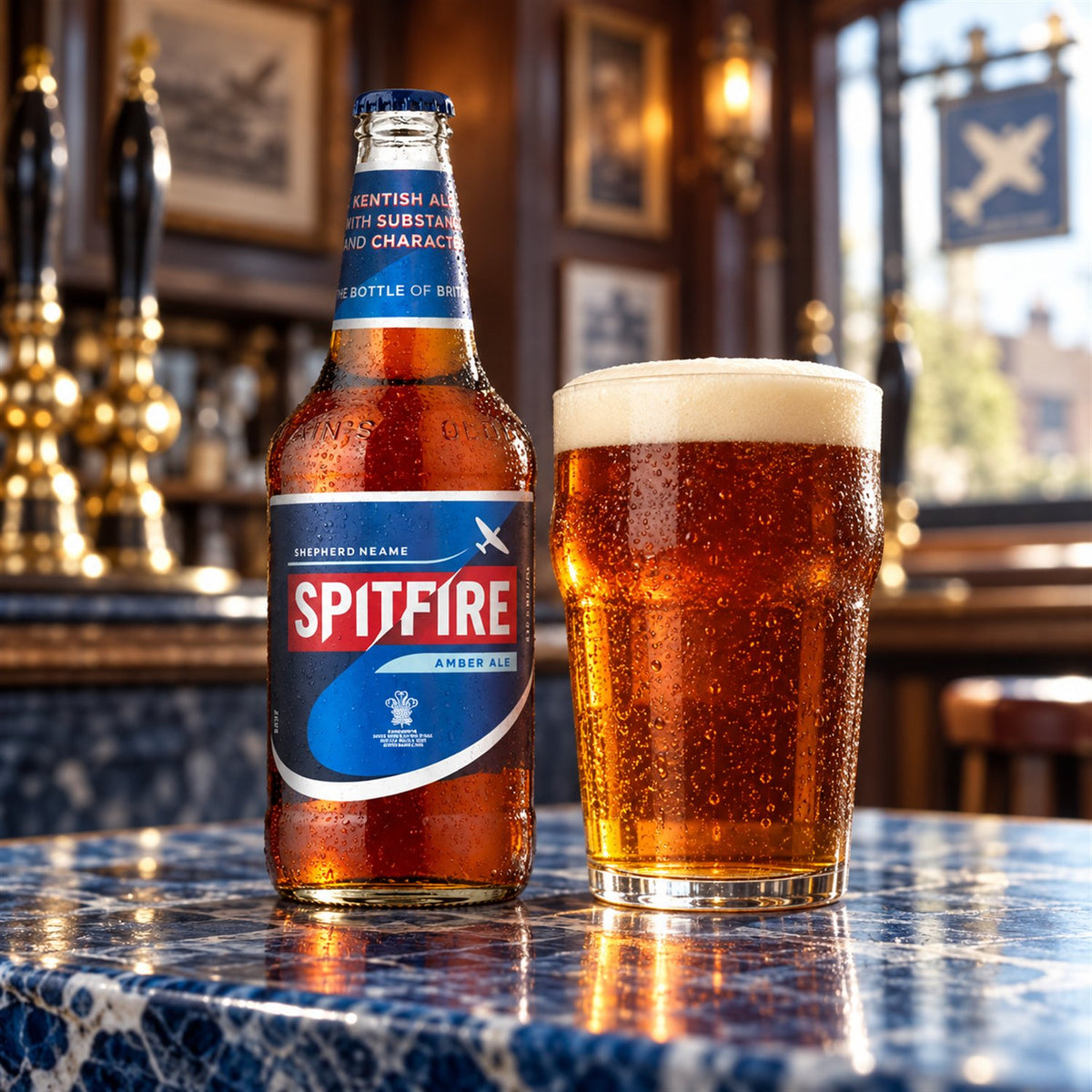 Shepherd Neame Spitfire: bebida servida en vaso junto a su envase