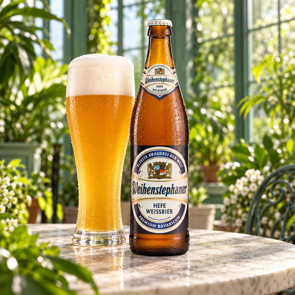 Weihenstephan Hefeweissbier: bebida servida en vaso junto a su envase