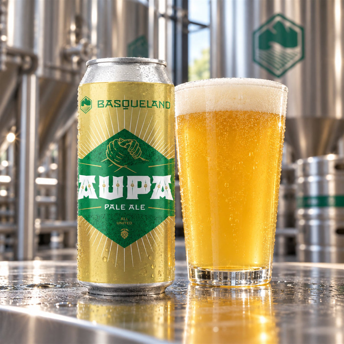 Basqueland Aupa Gold: bebida servida en vaso junto a su envase