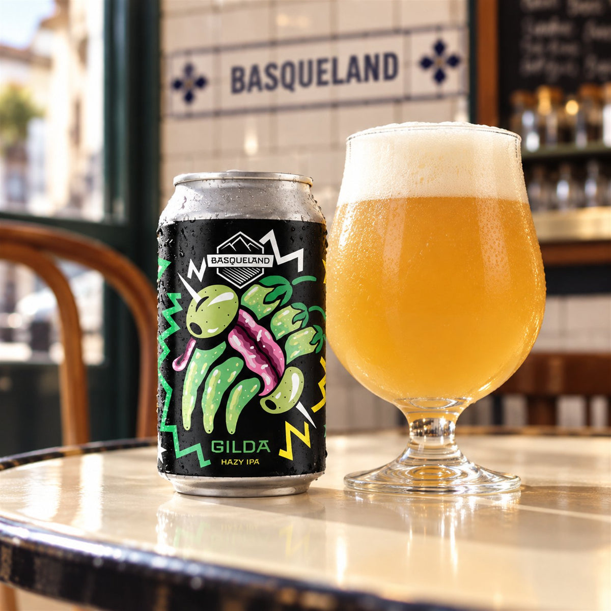 Basqueland Gilda Lata: bebida servida en vaso junto a su envase