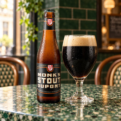 Monk's Stout: bebida servida en vaso junto a su envase
