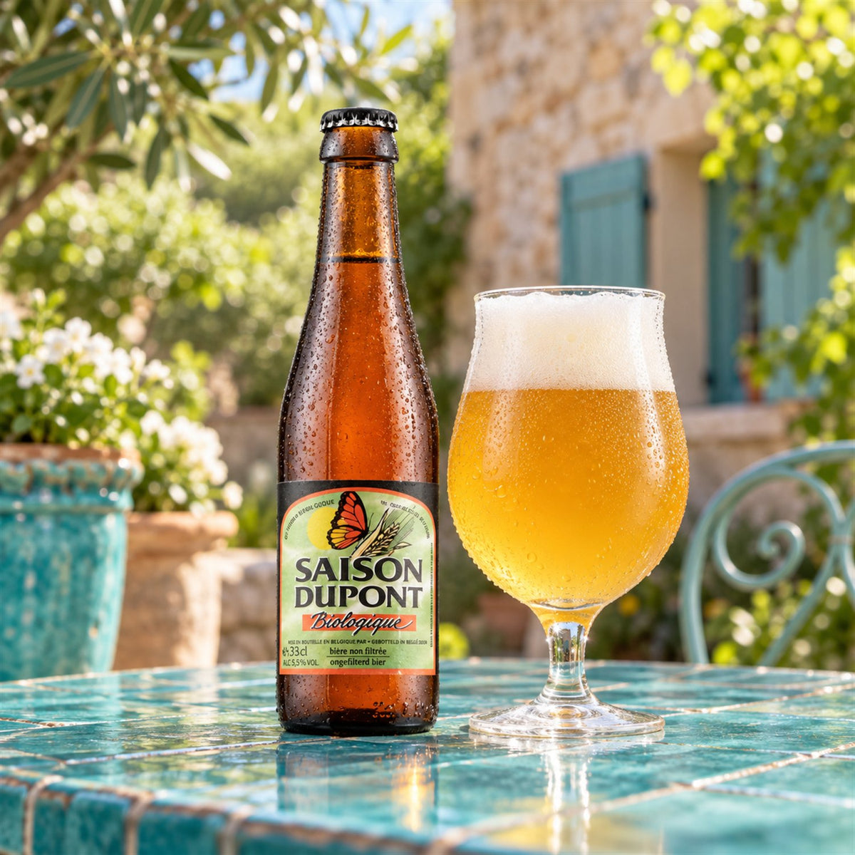 Saison Dupont Bio: bebida servida en vaso junto a su envase