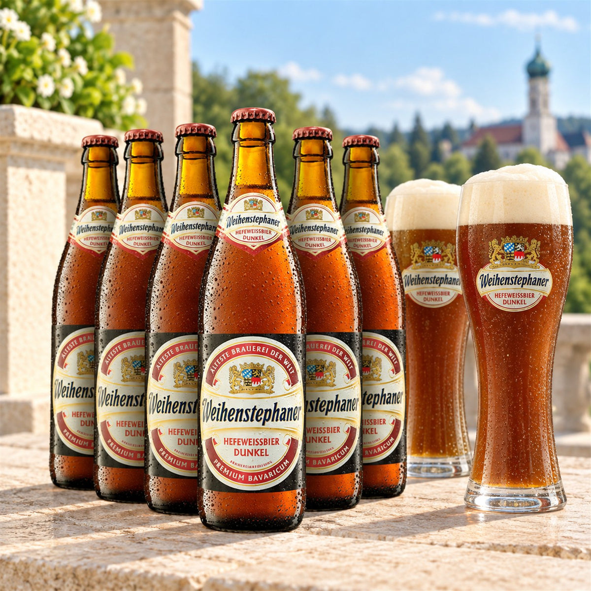 Weihenstephan Dunkel Caja 20x50cl: bebida servida en vaso junto a su envase
