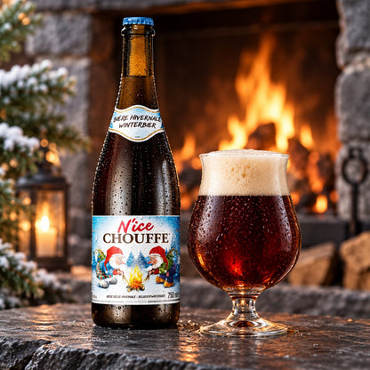 La Chouffe Nice: bebida servida en vaso junto a su envase