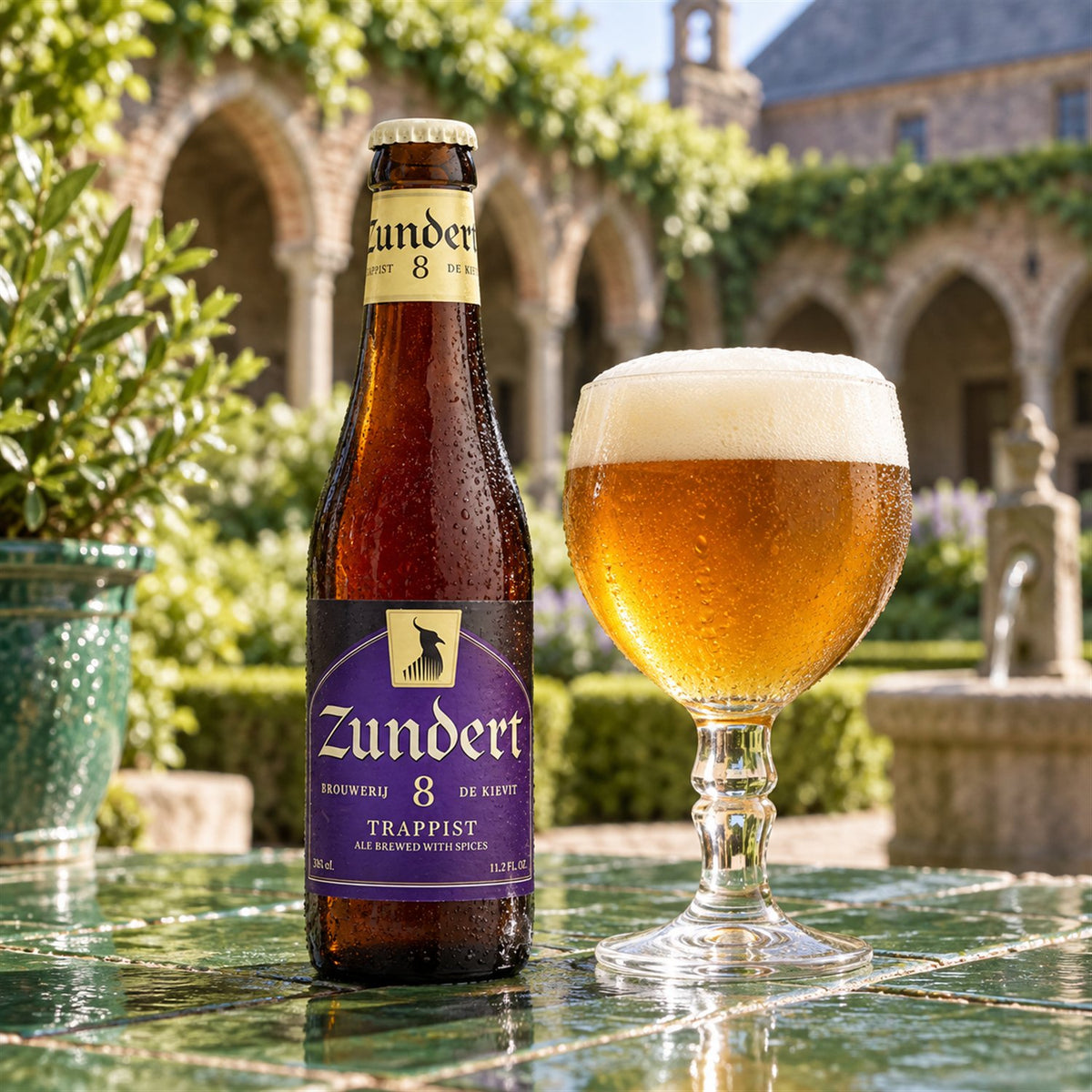 Zundert 8: bebida servida en vaso junto a su envase