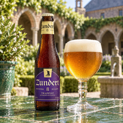 Zundert 8: bebida servida en vaso junto a su envase