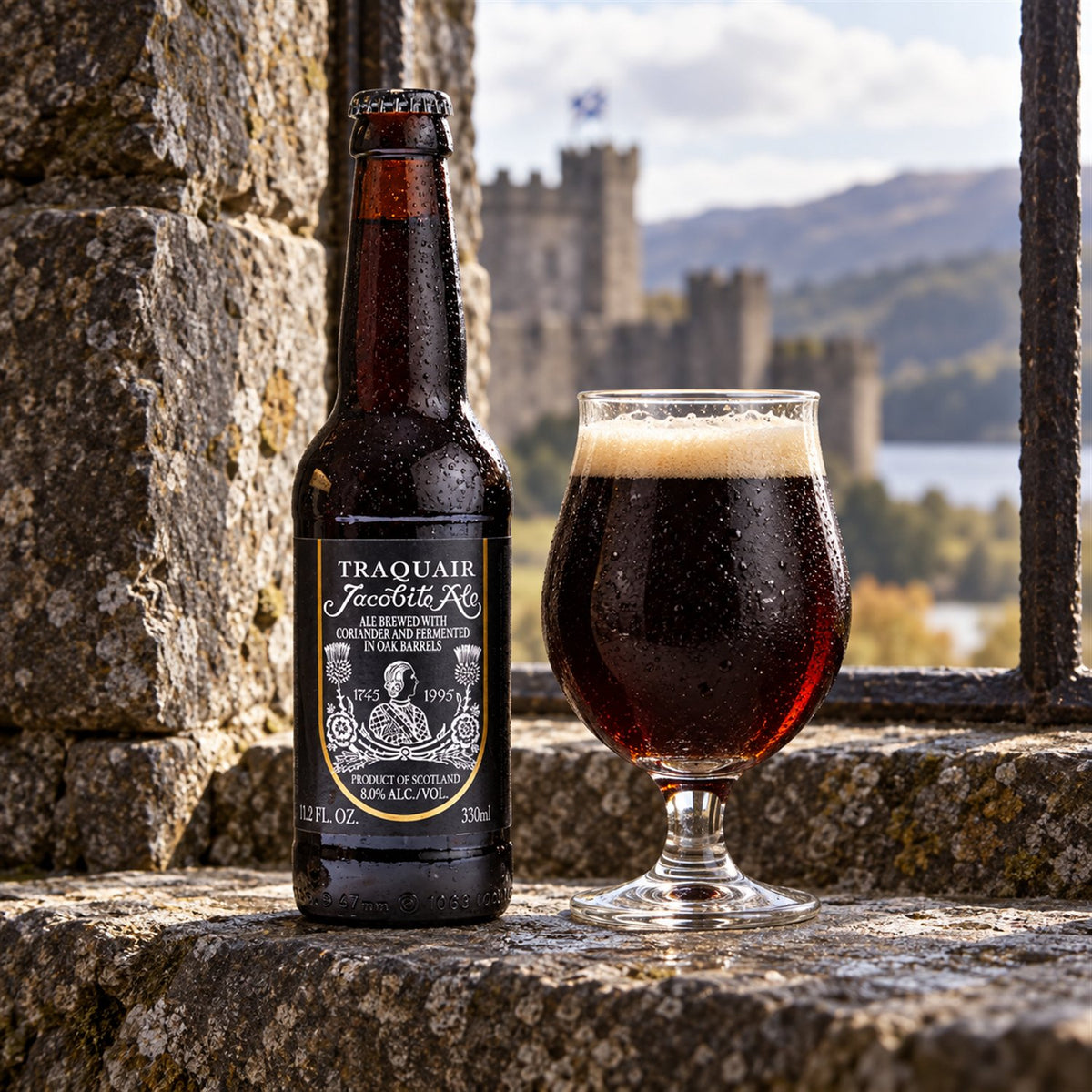 Traquair Jacobite Ale: bebida servida en vaso junto a su envase