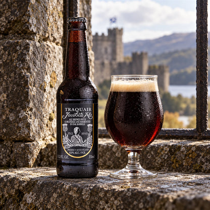 Traquair Jacobite Ale: bebida servida en vaso junto a su envase