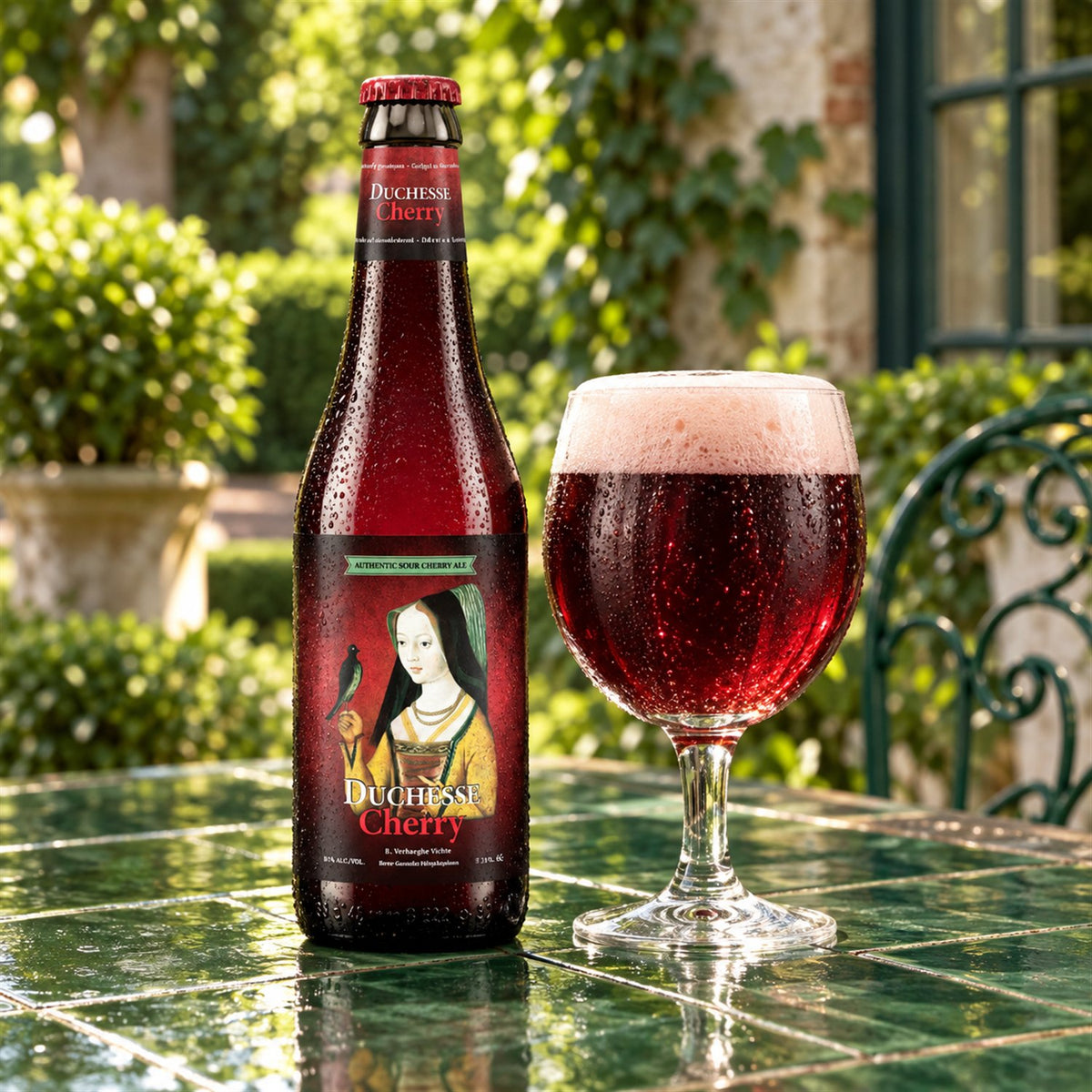 Duchesse Bourgogne Cherry: bebida servida en vaso junto a su envase