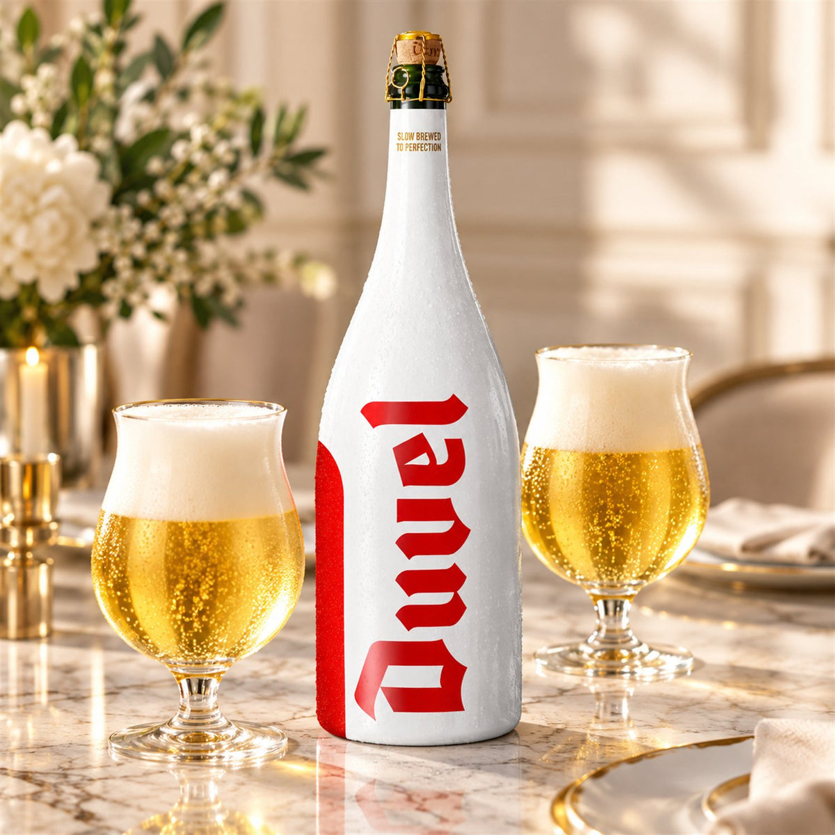 Duvel Magnum: bebida servida en vaso junto a su envase