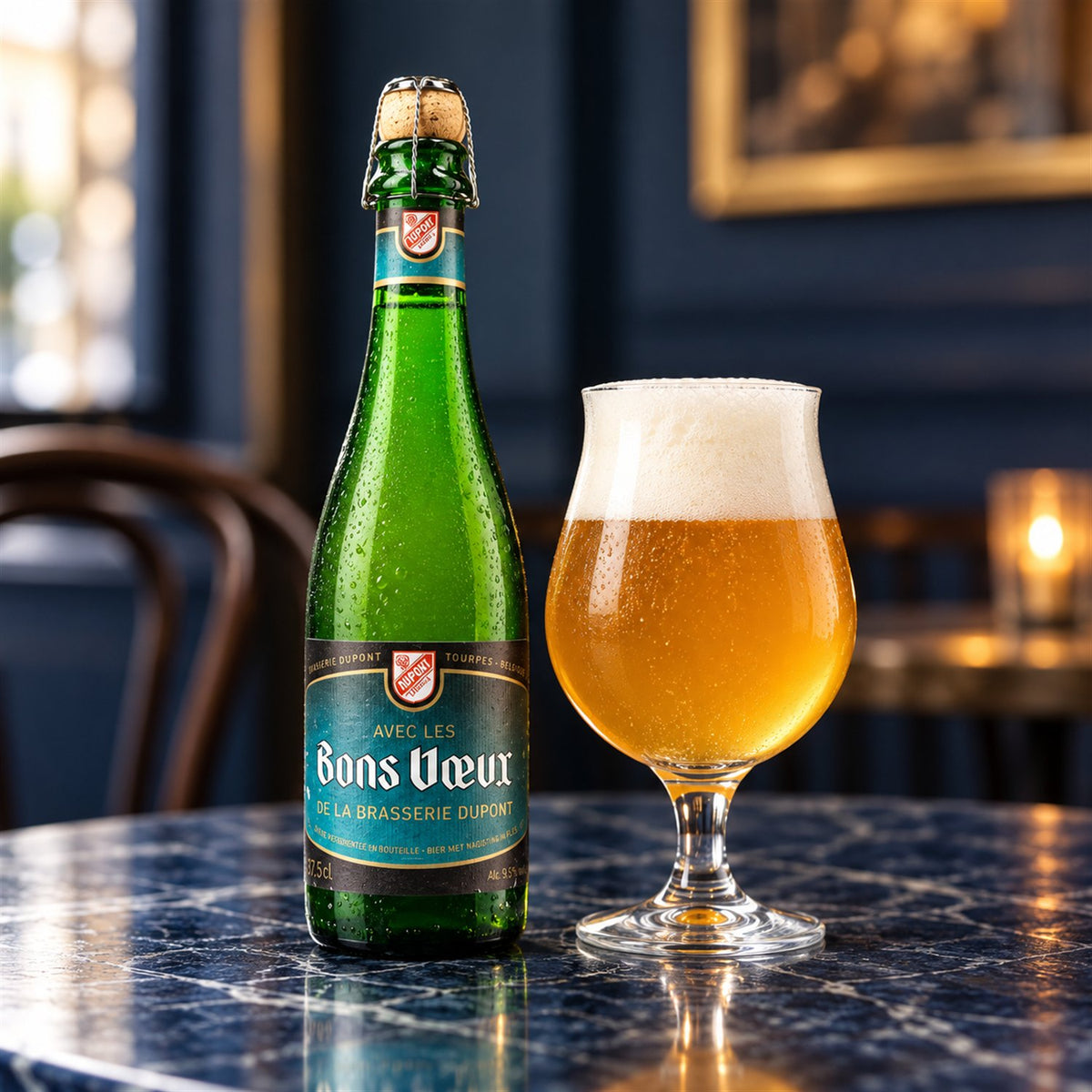 Dupont Avec Les Bons Voeux: bebida servida en vaso junto a su envase