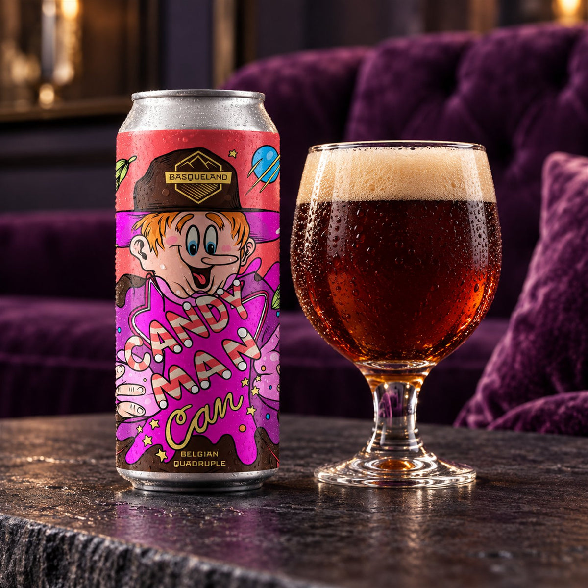 Basqueland Candy Man Can: bebida servida en vaso junto a su envase
