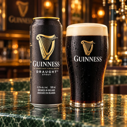 Guinness Draught lata: bebida servida en vaso junto a su envase