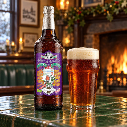 Samuel Smith Winter Welcome: bebida servida en vaso junto a su envase