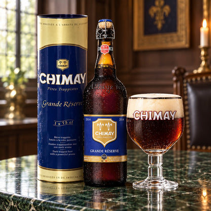 Chimay Grande Réserve 75cl en tubo metálico y con copa: bebida servida en vaso junto a su envase