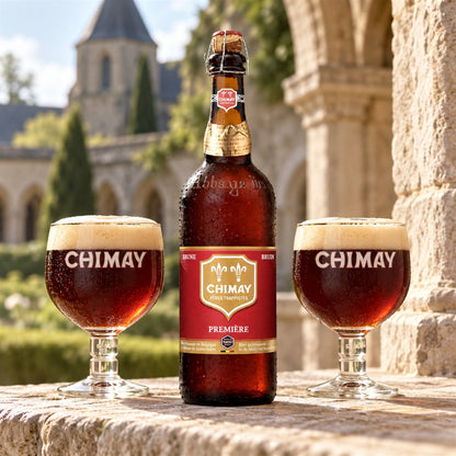 Chimay Premier: bebida servida en vaso junto a su envase
