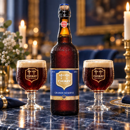 Chimay Grande Réserve: bebida servida en vaso junto a su envase