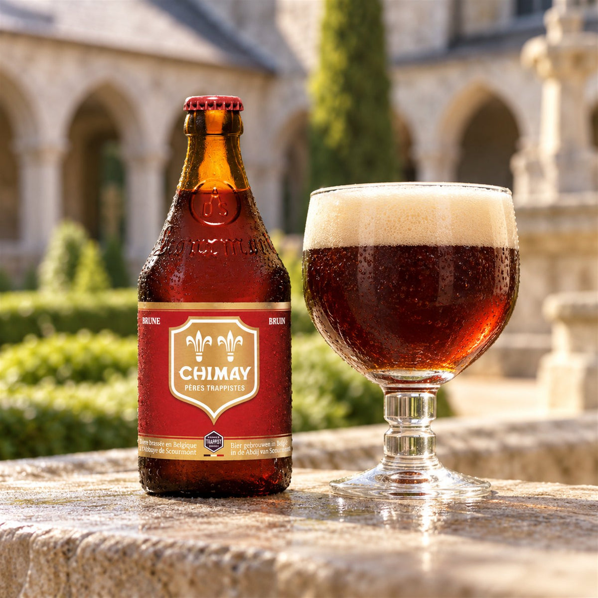 Chimay Roja: bebida servida en vaso junto a su envase