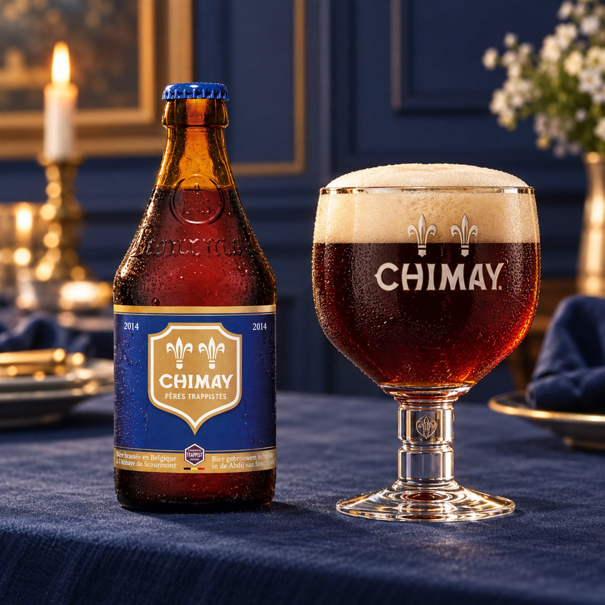 Chimay Azul: bebida servida en vaso junto a su envase