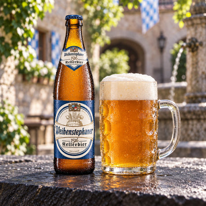 Weihenstephan Kellerbier 1516: bebida servida en vaso junto a su envase