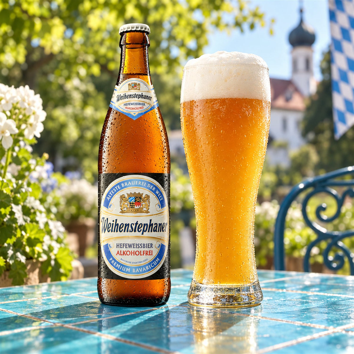 Weihenstephan Hefeweissbier Sin Alcohol: bebida servida en vaso junto a su envase