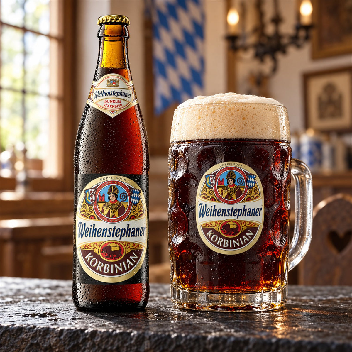 Weihenstephan Korbinian: bebida servida en vaso junto a su envase