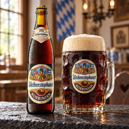 Weihenstephan Korbinian: bebida servida en vaso junto a su envase
