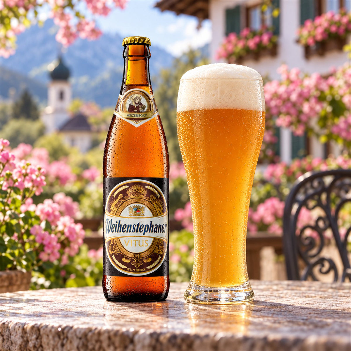 Weihenstephan Vitus: bebida servida en vaso junto a su envase