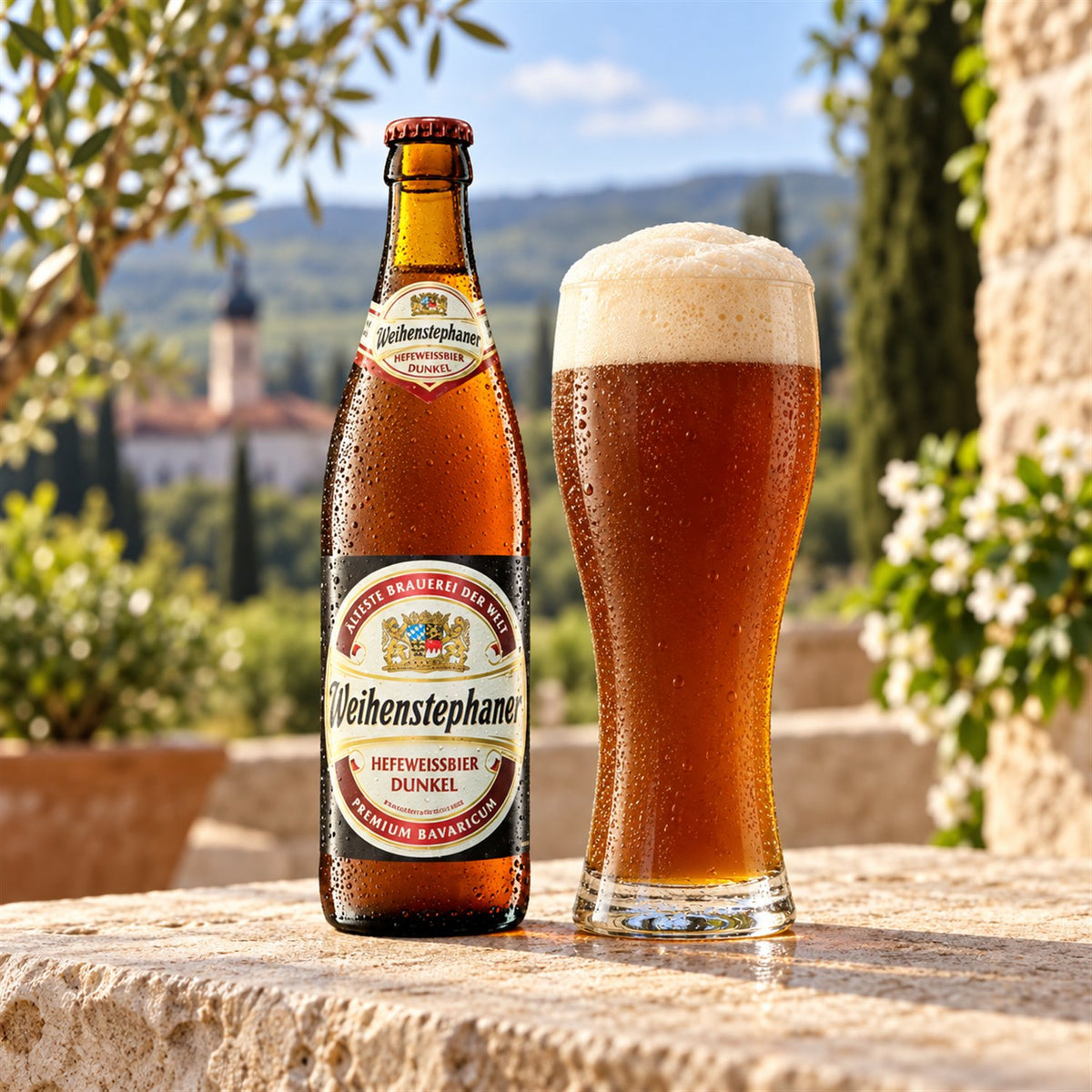 Weihenstephan Dunkel: bebida servida en vaso junto a su envase