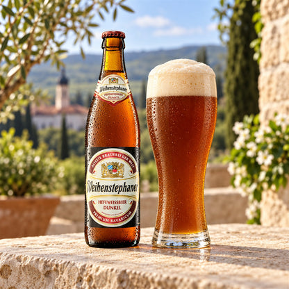 Weihenstephan Dunkel: bebida servida en vaso junto a su envase