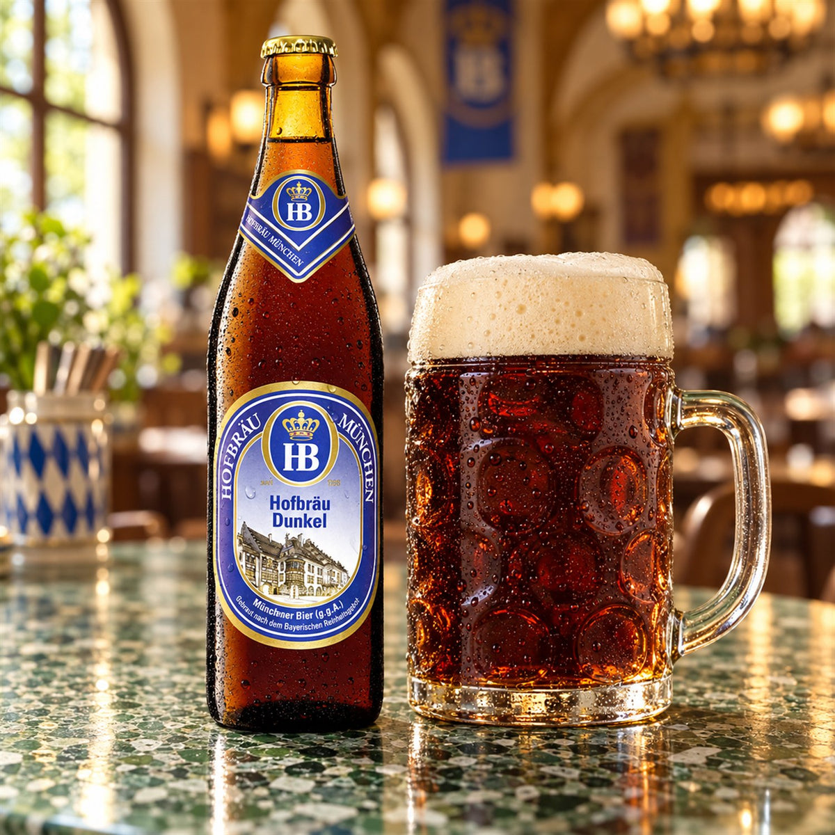 HB Dunkel: bebida servida en vaso junto a su envase