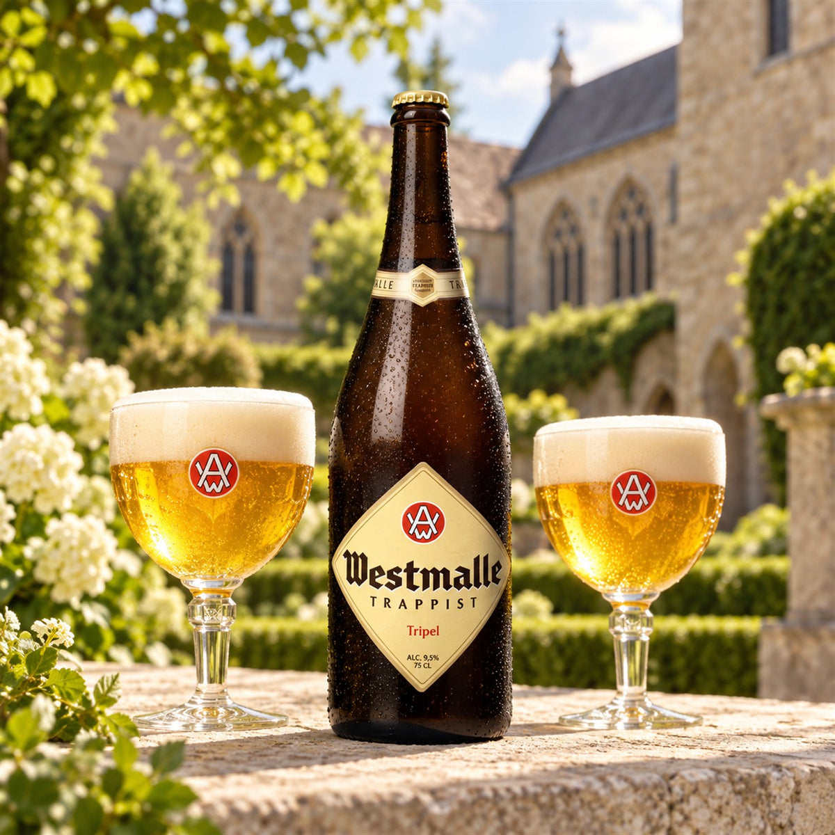 Westmalle Tripel: bebida servida en vaso junto a su envase