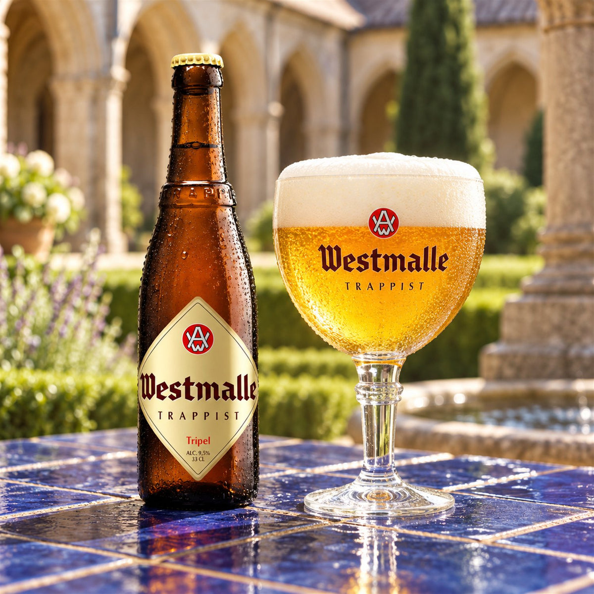 Westmalle Tripel: bebida servida en vaso junto a su envase