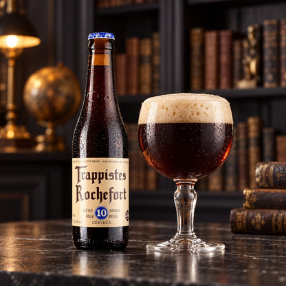 Trappistes Rochefort 10: bebida servida en vaso junto a su envase