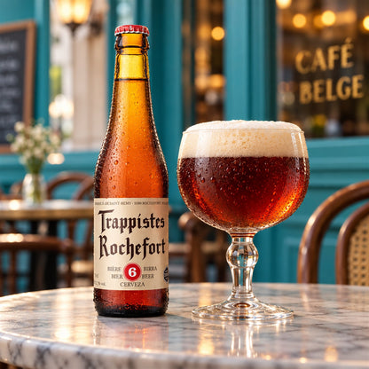 Trappistes Rochefort 6: bebida servida en vaso junto a su envase