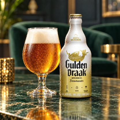 Gulden Draak Brewmaster: bebida servida en vaso junto a su envase