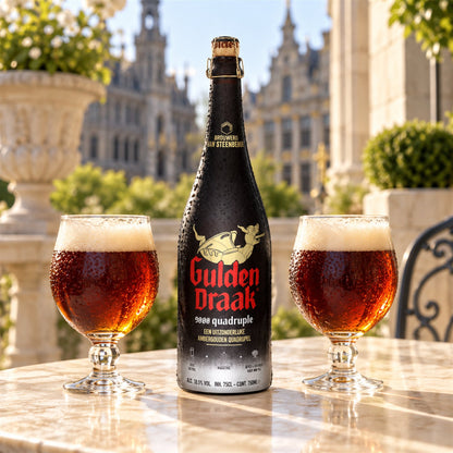 Gulden Draak 9000: bebida servida en vaso junto a su envase