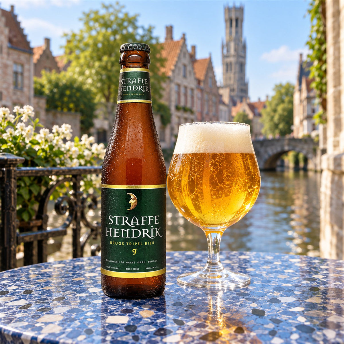 Straffe Hendrik Tripel: bebida servida en vaso junto a su envase
