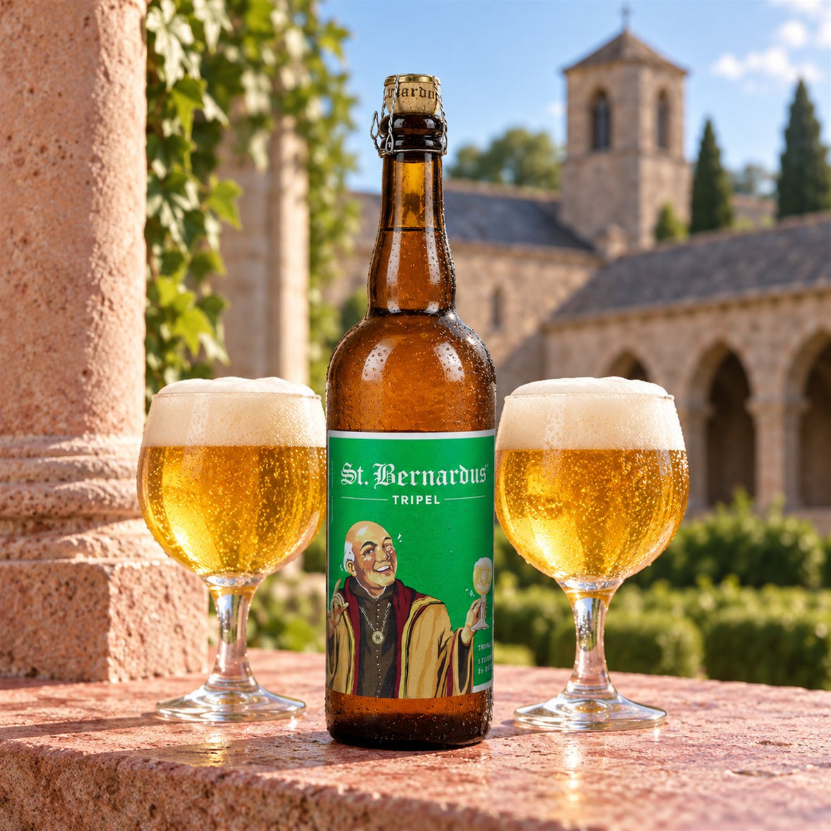 St. Bernardus Tripel: bebida servida en vaso junto a su envase