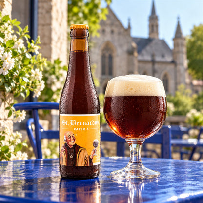 St. Bernardus Pater 6: bebida servida en vaso junto a su envase