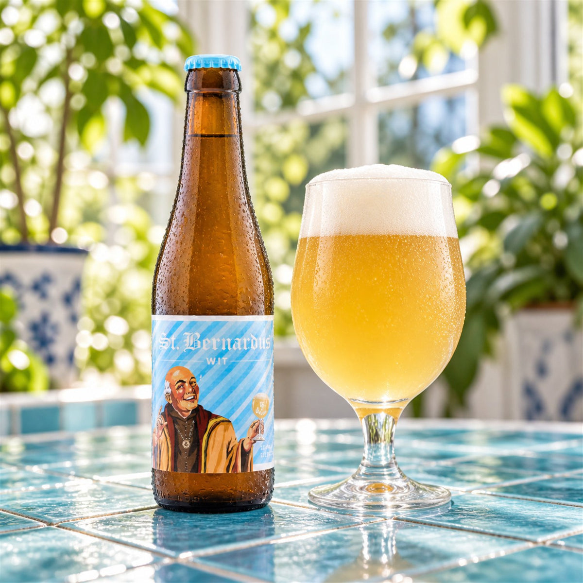 St. Bernardus Witbier: bebida servida en vaso junto a su envase
